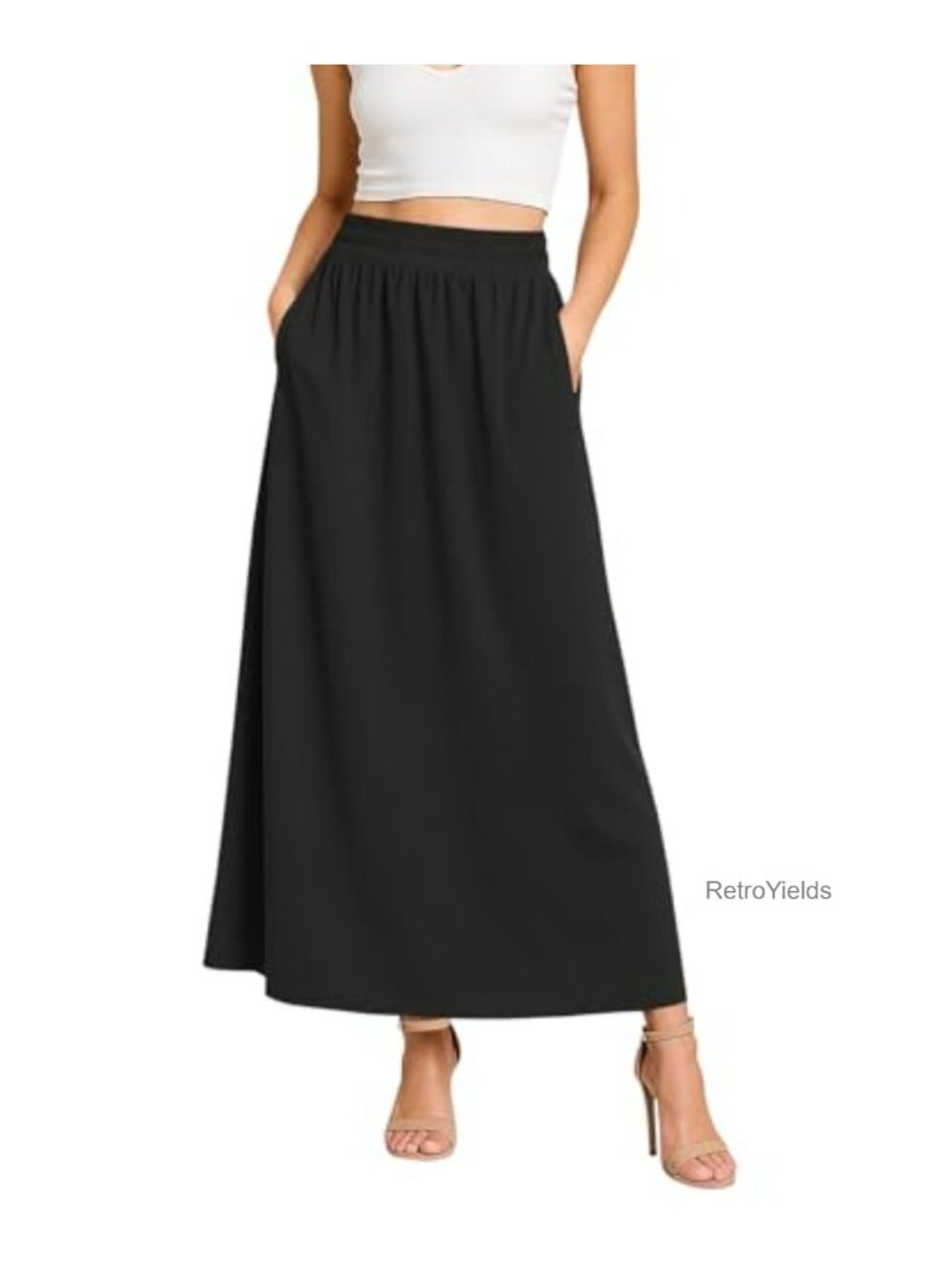 Flowy Maxi Skirt Elastic High Waisted A-Line Long Skirts with Pockets Trendy